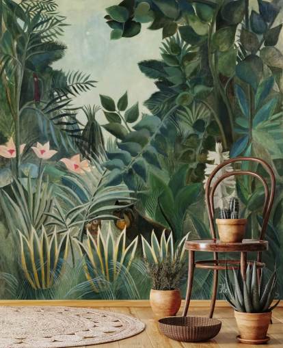 mural de papel pintado de bellas artes llamado La jungla ecuatorial de Henri Rousseau para salones y comedores