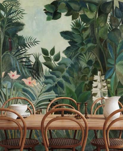 mural de papel pintado de bellas artes llamado La jungla ecuatorial de Henri Rousseau para salones y comedores