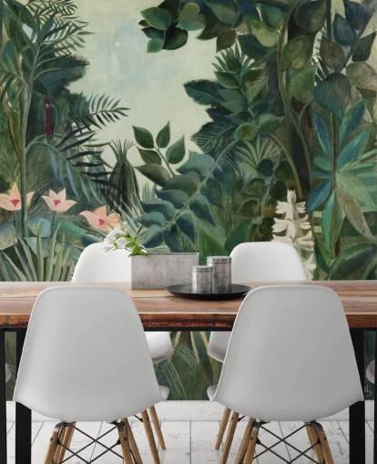 mural de papel pintado de bellas artes llamado La jungla ecuatorial de Henri Rousseau para salones y comedores