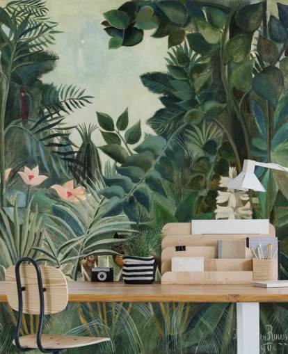 fine art wallpaper mural called The Equatorial Jungle by Henri Rousseau for lounges and dining rooms