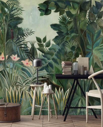 kunsttapet vægmaleri kaldet The Equatorial Jungle af Henri Rousseau til lounger og spisestuer