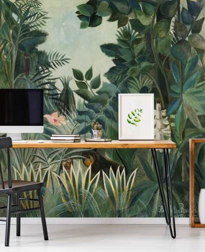 mural de papel pintado de bellas artes llamado La jungla ecuatorial de Henri Rousseau para salones y comedores