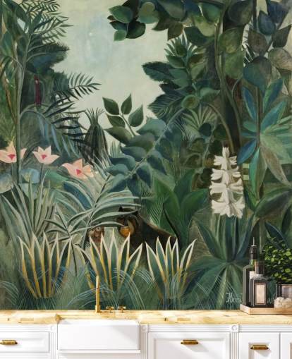 kunsttapet vægmaleri kaldet The Equatorial Jungle af Henri Rousseau til lounger og spisestuer