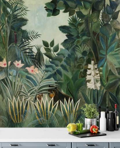 fine art wallpaper mural called The Equatorial Jungle by Henri Rousseau for lounges and dining rooms