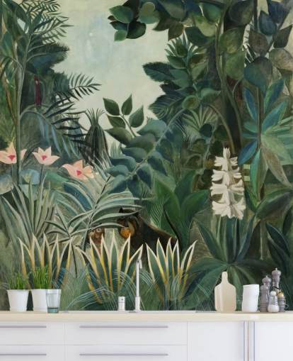 papier peint mural d'art intitulé La jungle équatoriale par Henri Rousseau pour les salons et les salles à manger