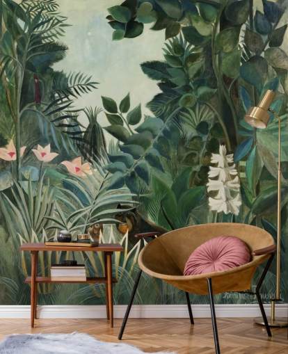 konst tapetväggmålning kallad The Equatorial Jungle av Henri Rousseau för lounger och matsalar