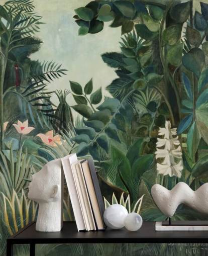 kunsttapet veggmaleri kalt The Equatorial Jungle av Henri Rousseau for salonger og spisestuer