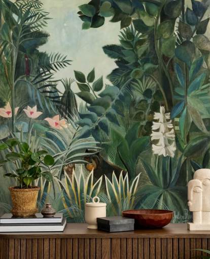 konst tapetväggmålning kallad The Equatorial Jungle av Henri Rousseau för lounger och matsalar