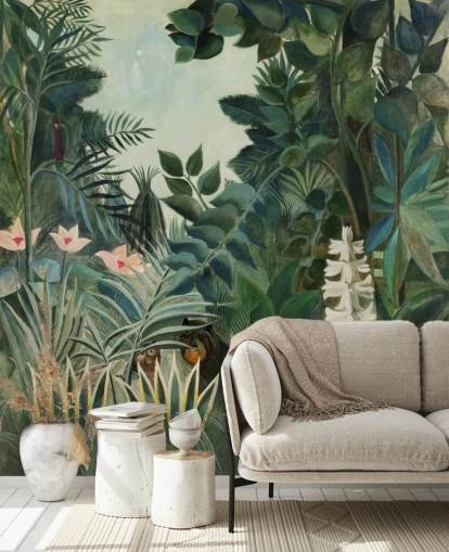 kunsttapet vægmaleri kaldet The Equatorial Jungle af Henri Rousseau til lounger og spisestuer kunsttapet vægmaleri kaldet The Equatorial Jungle af Henri Rousseau til lounger og spisestuer
