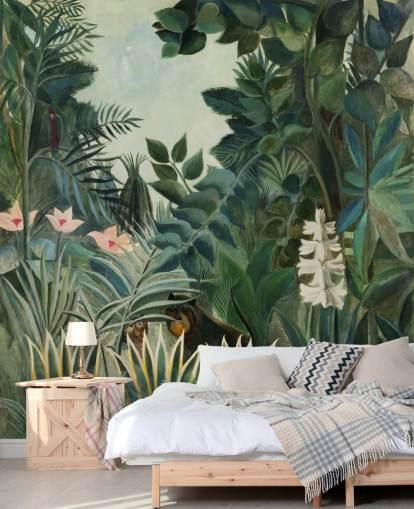 mural de papel de parede de belas artes chamado The Equatorial Jungle, de Henri Rousseau, para lounges e salas de jantar