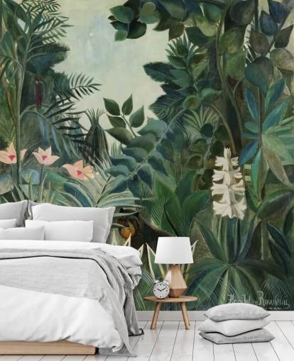 mural de papel pintado de bellas artes llamado La jungla ecuatorial de Henri Rousseau para salones y comedores