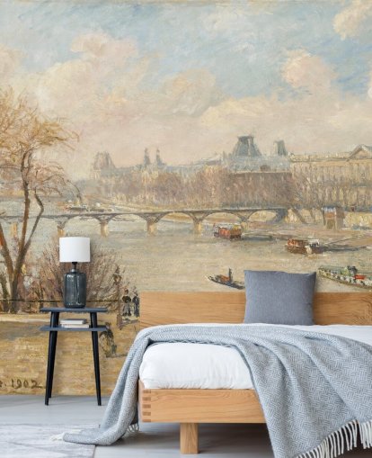 papel pintado de bellas artes llamado El Louvre desde el Pont Neuf de Camille Pissarro para dormitorios, oficinas y pasillos
