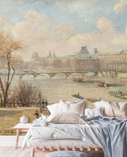 fine art wallpaper called The Louvre from the Pont Neuf by Camille Pissarro for bedrooms, home offices and hallways