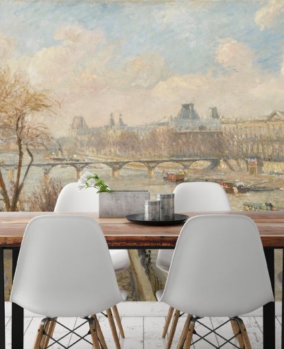 fine art wallpaper called The Louvre from the Pont Neuf by Camille Pissarro for bedrooms, home offices and hallways