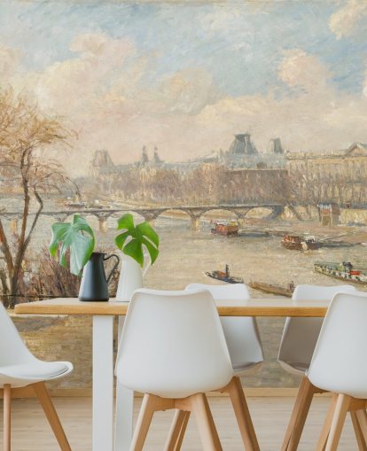 papel pintado de bellas artes llamado El Louvre desde el Pont Neuf de Camille Pissarro para dormitorios, oficinas y pasillos