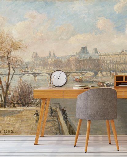 papel pintado de bellas artes llamado El Louvre desde el Pont Neuf de Camille Pissarro para dormitorios, oficinas y pasillos