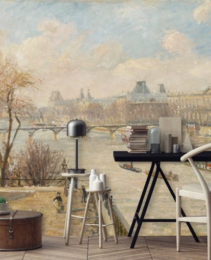 fine art wallpaper called The Louvre from the Pont Neuf by Camille Pissarro for bedrooms, home offices and hallways