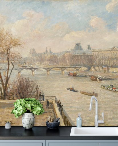 fine art wallpaper called The Louver from the Pont Neuf by Camille Pissarro for bedrooms, home offices and hallways