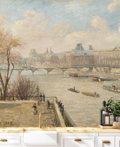 fine art wallpaper called The Louver from the Pont Neuf by Camille Pissarro for bedrooms, home offices and hallways