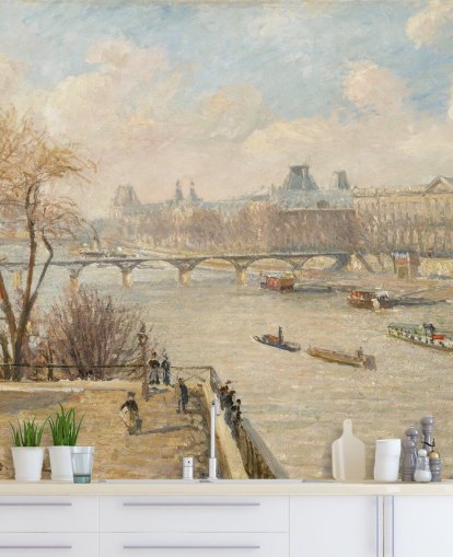 fine art wallpaper called The Louver from the Pont Neuf by Camille Pissarro for bedrooms, home offices and hallways