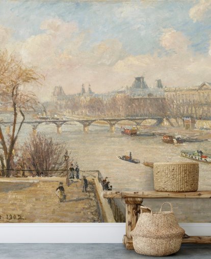 kunstbehang genaamd The Louvre from the Pont Neuf van Camille Pissarro voor slaapkamers, thuiskantoren en gangen