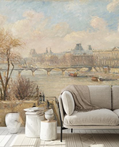 kunstbehang genaamd The Louvre from the Pont Neuf van Camille Pissarro voor slaapkamers, thuiskantoren en gangen kunstbehang genaamd The Louvre from the Pont Neuf van Camille Pissarro voor slaapkamers, thuiskantoren en gangen