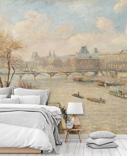 kunstbehang genaamd The Louvre from the Pont Neuf van Camille Pissarro voor slaapkamers, thuiskantoren en gangen