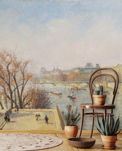 fine art wallpaper mural called The Louver, Morning, Sunlight by Camille Pissarro for bedrooms, lounges and dining rooms
