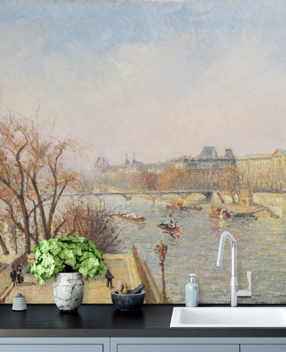 fine art wallpaper mural called The Louver, Morning, Sunlight by Camille Pissarro for bedrooms, lounges and dining rooms