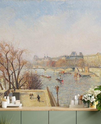 mural de papel de parede de belas artes chamado The Louvre, Morning, Sunlight de Camille Pissarro para quartos, salões e salas de jantar mural de papel de parede de belas artes chamado The Louvre, Morning, Sunlight de Camille Pissarro para quartos, salões e salas de jantar