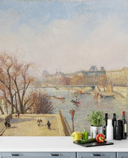 mural de papel pintado de bellas artes llamado The Louvre, Morning, Sunlight de Camille Pissarro para dormitorios, salones y comedores