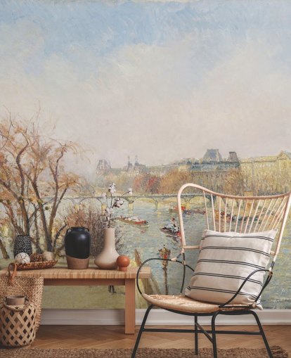 mural de papel pintado de bellas artes llamado The Louvre, Morning, Sunlight de Camille Pissarro para dormitorios, salones y comedores