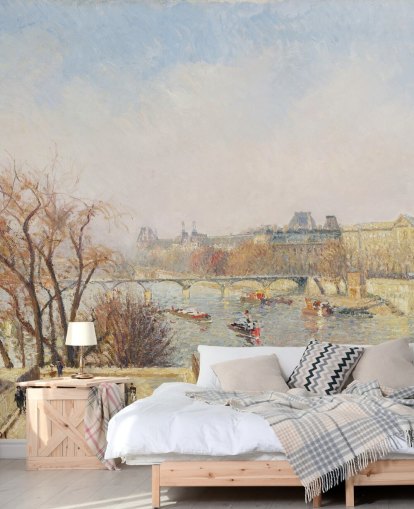 mural de papel pintado de bellas artes llamado The Louvre, Morning, Sunlight de Camille Pissarro para dormitorios, salones y comedores