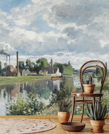 fine art wallpaper mural called The River Oise near Pontoise by Camille Pissarro for bedrooms and lounges fine art wallpaper mural called The River Oise near Pontoise by Camille Pissarro for bedrooms and lounges
