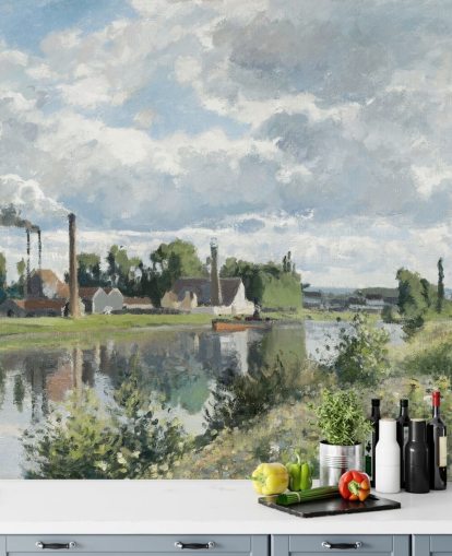 fine art wallpaper mural called The River Oise near Pontoise by Camille Pissarro for bedrooms and lounges fine art wallpaper mural called The River Oise near Pontoise by Camille Pissarro for bedrooms and lounges