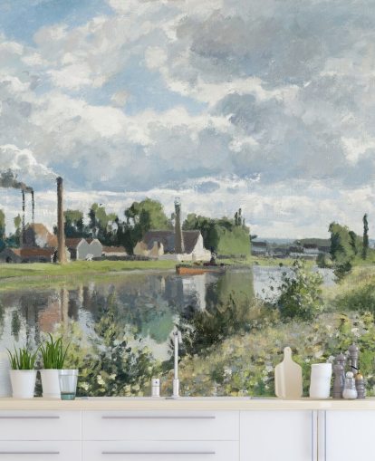 fine art wallpaper mural called The River Oise near Pontoise by Camille Pissarro for bedrooms and lounges