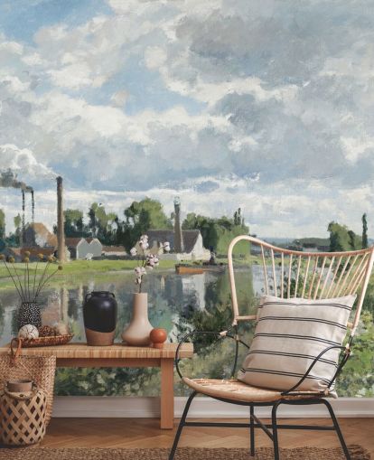Kunsttapete mit dem Titel The River Oise in der Nähe von Pontoise von Camille Pissarro für Schlafzimmer und Lounges Kunsttapete mit dem Titel The River Oise in der Nähe von Pontoise von Camille Pissarro für Schlafzimmer und Lounges