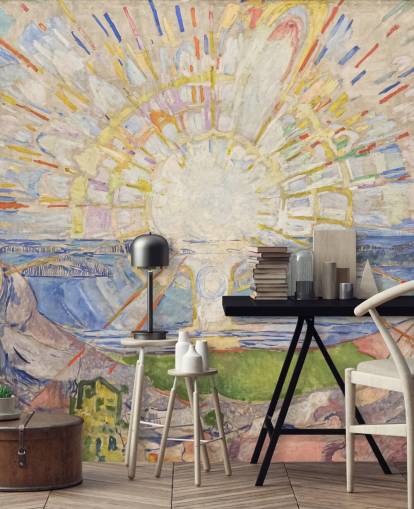 Edvard Munchin taide-taustakuvamaalaus nimeltä The Sun keittiöihin, olohuoneisiin ja makuuhuoneisiin