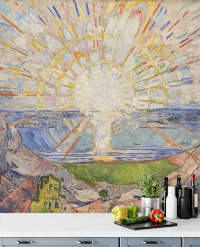 mural de papel pintado de bellas artes llamado The Sun de Edvard Munch para cocinas, salas de estar y dormitorios