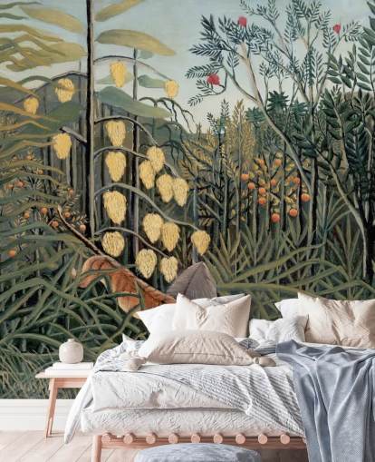 kunsttapet veggmaleri kalt In a Tropical Forest av Henri Rousseau