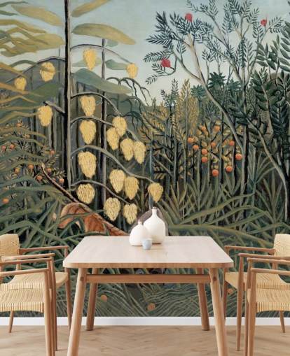 mural de papel pintado de bellas artes llamado En un bosque tropical de Henri Rousseau
