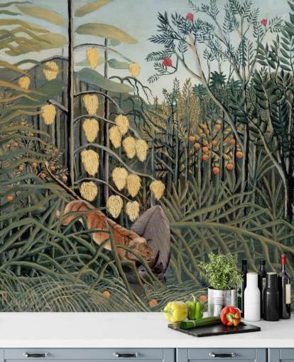 fine art wallpaper mural called In a Tropical Forest by Henri Rousseau fine art wallpaper mural called In a Tropical Forest by Henri Rousseau