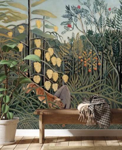 konst tapetväggmålning kallad In a Tropical Forest av Henri Rousseau konst tapetväggmålning kallad In a Tropical Forest av Henri Rousseau