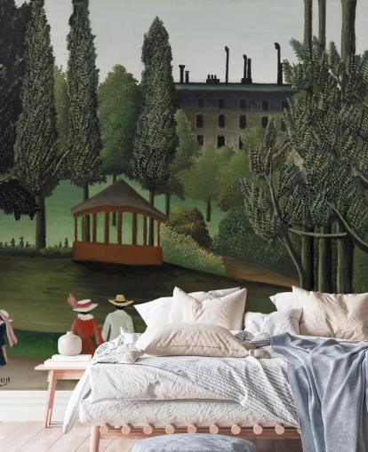 konstväggmålning som heter Utsikt över Montsouris Park, kiosken av Henri Rousseau för vardagsrum och sovrum