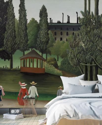 kunstmuurschildering genaamd View of Montsouris Park, the Kiosk van Henri Rousseau voor woonkamers en slaapkamers
