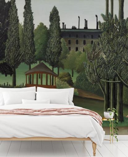 Kunsttapete mit dem Titel View of Montsouris Park, the Kiosk von Henri Rousseau für Wohn- und Schlafzimmer Kunsttapete mit dem Titel View of Montsouris Park, the Kiosk von Henri Rousseau für Wohn- und Schlafzimmer