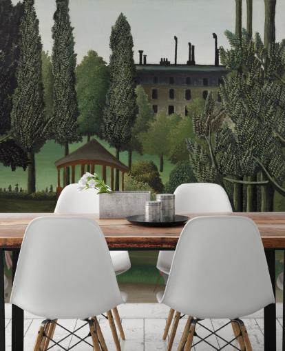 fine art wall mural called View of Montsouris Park, the Kiosk by Henri Rousseau for living rooms and bedrooms