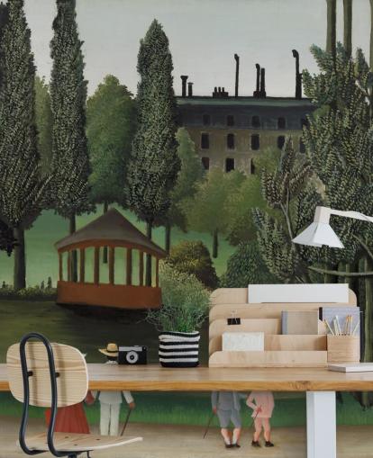 mural de parede de belas artes chamado View of Montsouris Park, o quiosque de Henri Rousseau para salas de estar e quartos