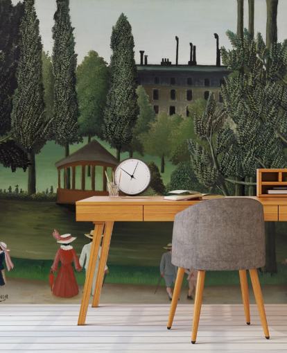 mural de parede de belas artes chamado View of Montsouris Park, o quiosque de Henri Rousseau para salas de estar e quartos mural de parede de belas artes chamado View of Montsouris Park, o quiosque de Henri Rousseau para salas de estar e quartos