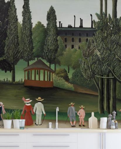 murale d'arte chiamato View of Montsouris Park, the Kiosk di Henri Rousseau per salotti e camere da letto murale d'arte chiamato View of Montsouris Park, the Kiosk di Henri Rousseau per salotti e camere da letto